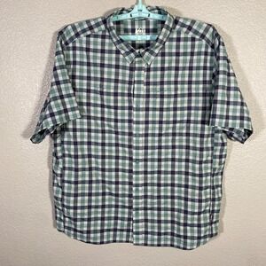 REI Coop Shirt Mens XL Blue Button Up Outdoor Sahara Hiking Plaid Stretch Vented